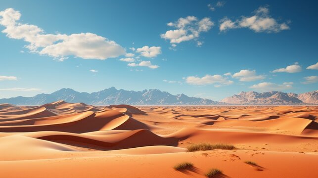Desert landscape with sand dunes and mountains capturi. Generative AI