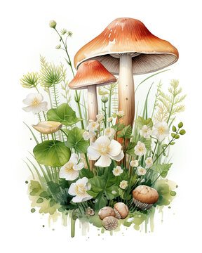Generative AI, watercolor illustration of mushrooms on a white background, forest, porcini mushroom, boletus, still life, nature, plant, grass, drawing, honey fungus, toadstool, russula, postcard