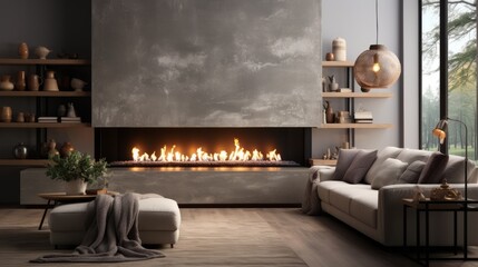 Electric fireplace and beautiful living room decor. Generative AI