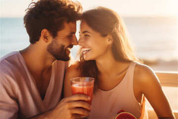 Close up of a smiling laughing couple together holding drink. - obrazy, fototapety, plakaty