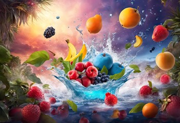 Bright, colorful, delicious fruit splashing nito water - obrazy, fototapety, plakaty