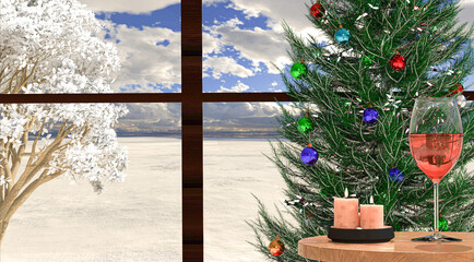 Champagne glass on a wooden table with candles and Christmas tree next to the window with a view to the snowy landscape. Christmas holidays. 3D Render.