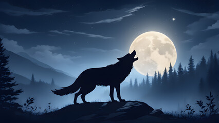 a wolf howling on a top of the hill, full moon night, dark sky and trees in background - obrazy, fototapety, plakaty