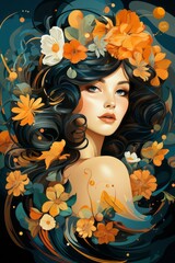 Cartoon art portrait of a cute girl with flowers