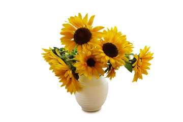 Sunflowers in vase isolated on white background. Autumn festive still life concept
