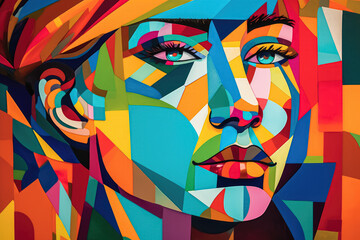 A beautifully illustrated woman's face with vibrant colors and striking features. Generative AI, AI.