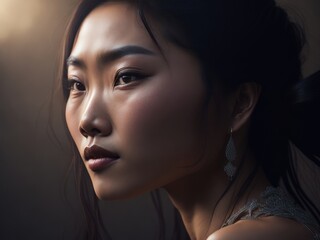 A delicate Asian girl's face fills the frame, her almond-shaped eyes and full lips highlighted by soft, natural light.  Generative AI, AI.