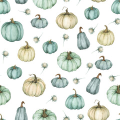 watercolor seamless pattern with pumpkins on white background