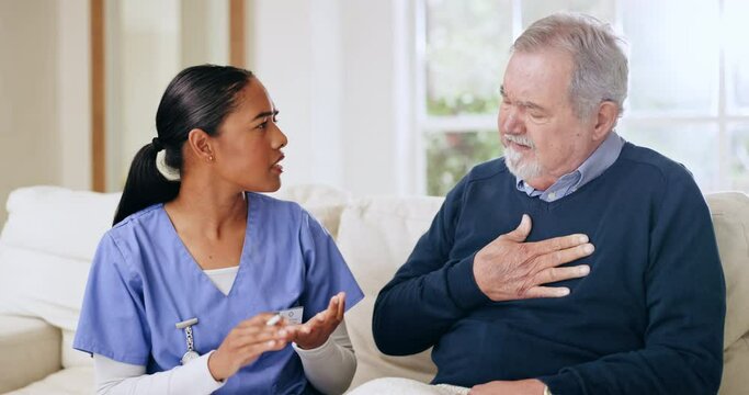 Man, Nurse And Writing With Patient In Elderly Care, Life Insurance Or Prescription For Diagnosis At Home. Female Person, Healthcare Or Medical Caregiver In Consultation With Senior In Retirement