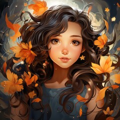 Cartoon art portrait of a cute girl with flowers