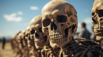 Group of skeletons lined up creating an eerie visual. Generative AI