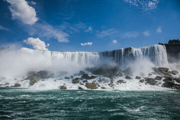 Panoramic aerial view of Niagara Falls, American Falls at sunset in Niagara Falls, Ontario, Canada
