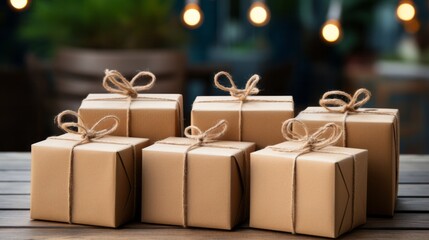 Hand holding cardboard box on blue background. Generative AI