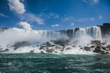 Panoramic aerial view of Niagara Falls, American Falls at sunset in Niagara Falls, Ontario, Canada