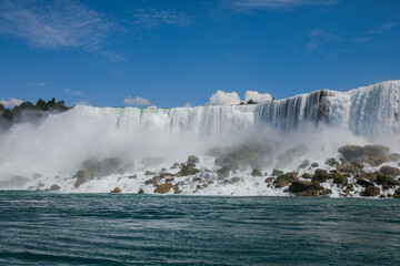 Panoramic aerial view of Niagara Falls, American Falls at sunset in Niagara Falls, Ontario, Canada
