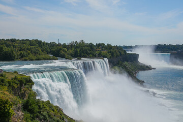 Panoramic aerial view of Niagara Falls, American Falls at sunset in Niagara Falls, Ontario, Canada