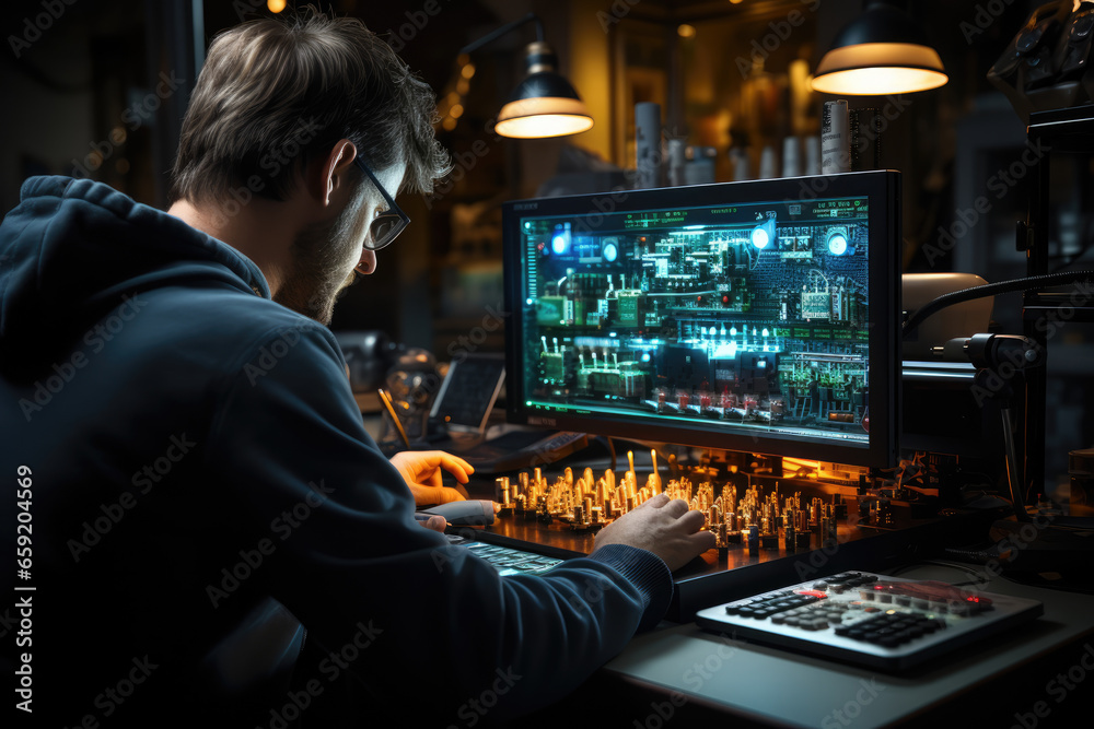 Poster a scientist observing an oscilloscope's display of electrical waveforms, studying the characteristic
