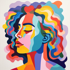 The human experience - full color gouache illustration in bold abstract colours - female face in anguish or thought, mindfulness, meditation, mental state, intellegence