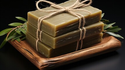 Homemade olive oil soap tied with jute rope isolated. Generative AI