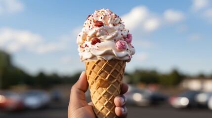 Ice cream cone with a cone-shaped top offering a sweet. Generative AI