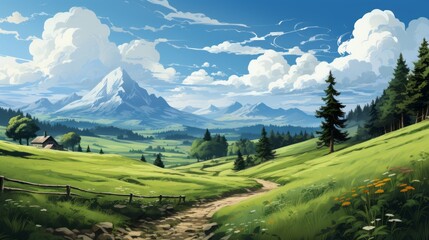 Naklejka premium Illustration of beautiful tranquil European rural coun. Generative AI