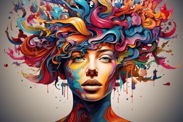 Beautiful colorful woman head. Creative mind. Fictional person. Generate Ai