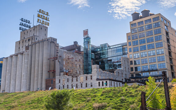 The historic &ldquo;Gold Medal Flour&rdquo; twin signs on top of the Mill City Museum in Minneapolis on the side of Stone Arch Bridge	