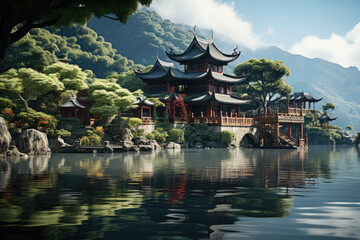 Fototapeta premium A Taoist temple enveloped in tranquility, reflecting the essence of Taoism's philosophical teachings. Concept of harmony with nature. Generative Ai.