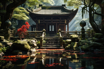 A Shinto shrine nestled in a serene forest, honoring the kami spirits and nature in Japanese...