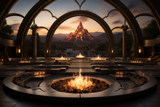 A Zoroastrian fire temple, where the eternal flame symbolizes the core tenets of the faith. Concept of divine fire. Generative Ai.