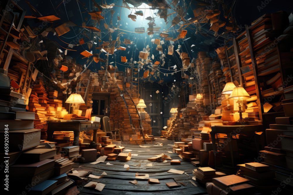 Poster a room filled with floating books, pages open and words swirling in the air, creating a surreal libr