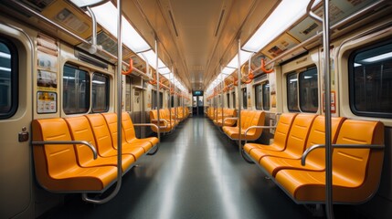 Interior of a subway car with seats. Generative AI - obrazy, fototapety, plakaty