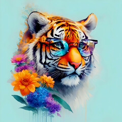 A close-up portrait of a fashionable-looking multicolored colorful fantasy cute stylish tiger wearing sunglasses. Printable design for t-shirts, mugs, cases, etc.