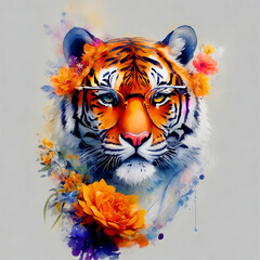 A close-up portrait of a fashionable-looking multicolored colorful fantasy cute stylish tiger wearing sunglasses, look straight. Printable design for t-shirts, mugs, cases, etc.