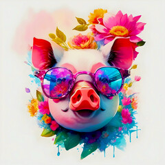 A close-up portrait of a fashionable-looking multicolored colorful fantasy cute stylish pig wearing sunglasses, look straight. Printable design for t-shirts, mugs, cases, etc.
