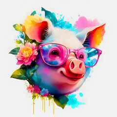 A close-up portrait of a fashionable-looking multicolored colorful fantasy cute stylish pig wearing sunglasses. Printable design for t-shirts, mugs, cases, etc.