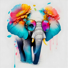 A close-up portrait of a fashionable-looking multicolored colorful fantasy cute stylish Elephant wearing sunglasses. Printable design for t-shirts, mugs, cases, etc.