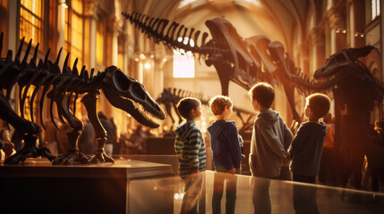 Fototapeta na wymiar Generative AI, children, schoolchildren on an excursion to the prehistoric museum of paleontology looking at dinosaur skeletons, fossils, ancient lizards, education, architecture, boys, girls