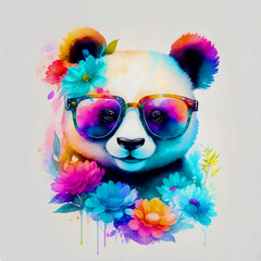 A close-up portrait of a fashionable-looking multicolored colorful fantasy cute stylish  Panda wearing sunglasses. Printable design for t-shirts, mugs, cases, etc.