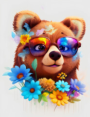 A close-up portrait of a fashionable-looking multicolored colorful fantasy cute stylish  brown bear wearing sunglasses. Printable design for t-shirts, mugs, cases, etc.