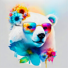 A close-up portrait of a fashionable-looking multicolored colorful fantasy cute stylish  polar bear wearing sunglasses. Printable design for t-shirts, mugs, cases, etc.