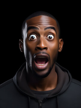 portrait of a black man with surprised, shocked expression, wide eyes, open mouth