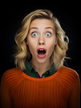 portrait of a blonde woman with surprised, shocked expression, wide eyes, open mouth