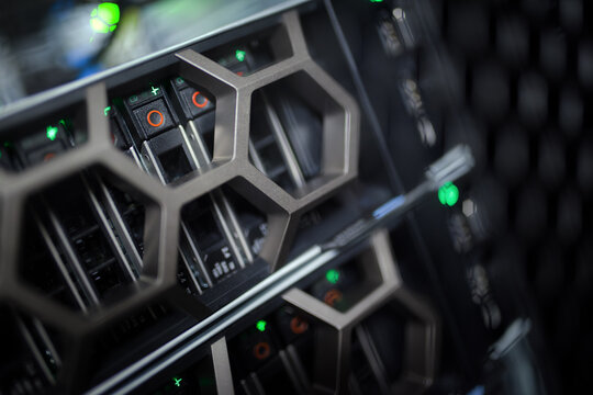 Detail of rack server in datacenter.