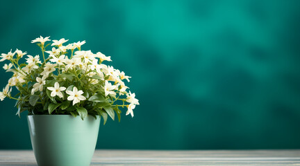 Fototapeta na wymiar a flower pot, green background with copy space