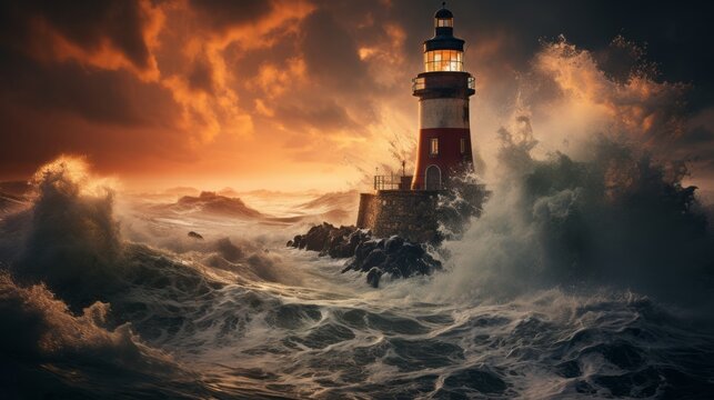 Lighthouse being engulfed by ocean waves portraying. Generative AI