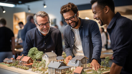 Real Estate Agent Discussing with a Male Gay Couple A New Housing Development Model on the Table In Front of Them. Generative AI. - obrazy, fototapety, plakaty