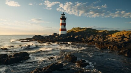 Naklejka premium Lighthouse in the middle of a body of water. Generative AI