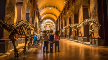 Generative AI, children, schoolchildren on an excursion to the prehistoric museum of paleontology looking at dinosaur skeletons, fossils, ancient lizards, education, architecture, boys, girls - obrazy, fototapety, plakaty
