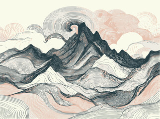 Mountain Wave Line Art Poster. Modern Vector Artwork Depicting Stunning Mountain Scenery, Perfect for Contemporary Aesthetic Decor.
